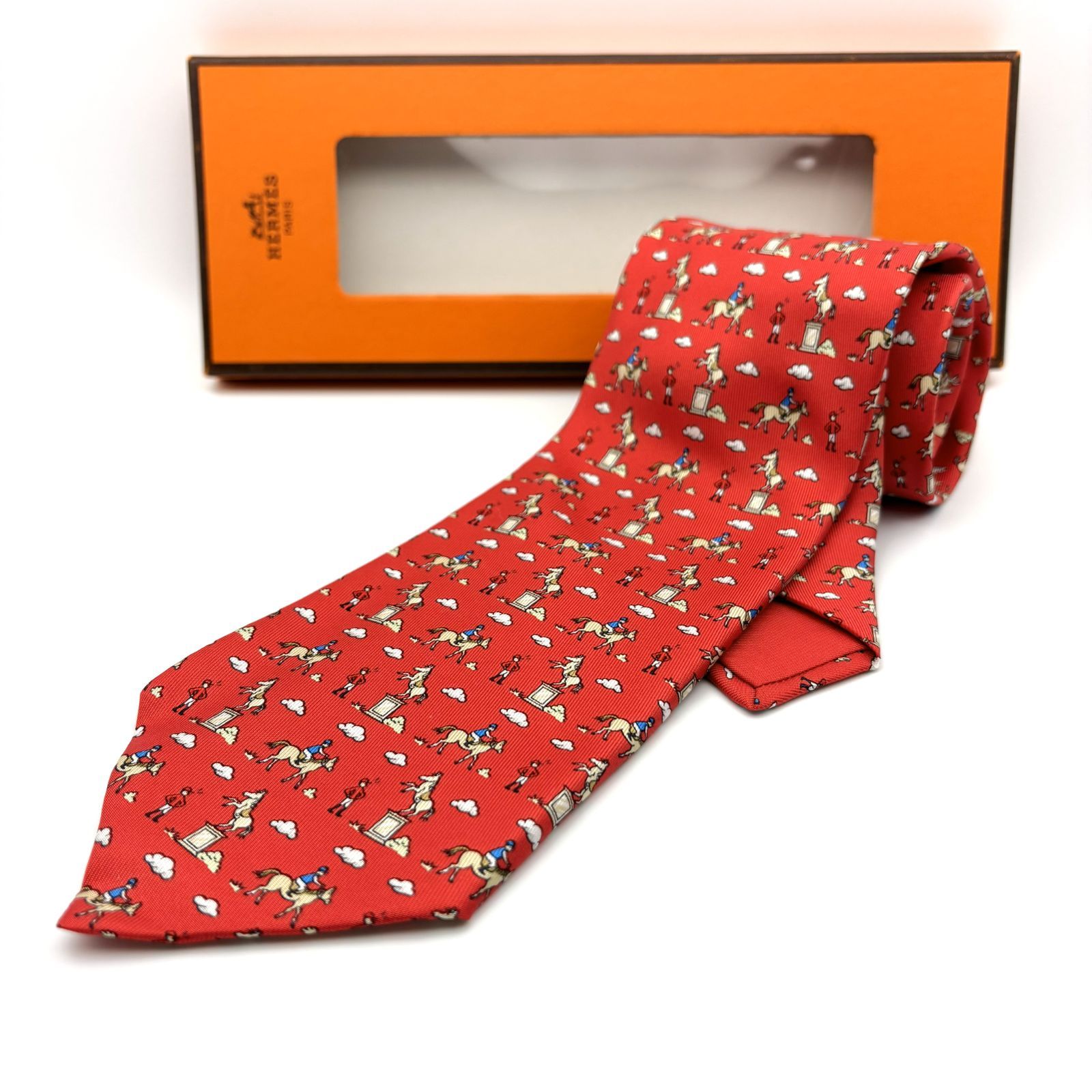 箱付／極美品 】HERMÈS エルメス メンズネクタイ シルク ポロ柄 レッド