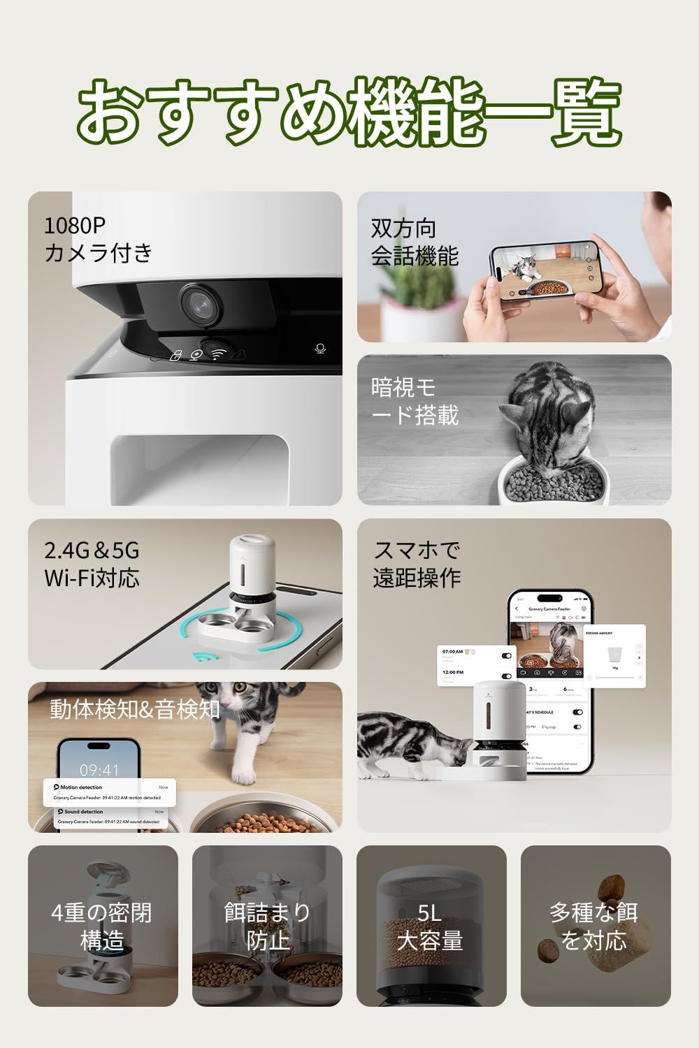 自動給餌器 猫 犬 カメラ付き 1080 P スマホ遠隔操作 5 GWifi対応 1日10食 録音 マイク 双方向会話 手動給餌 2 Way給電 詰まり防止センサー 残量不足検知 動体検知 音声検知 分解洗浄 L大容量 多頭飼い