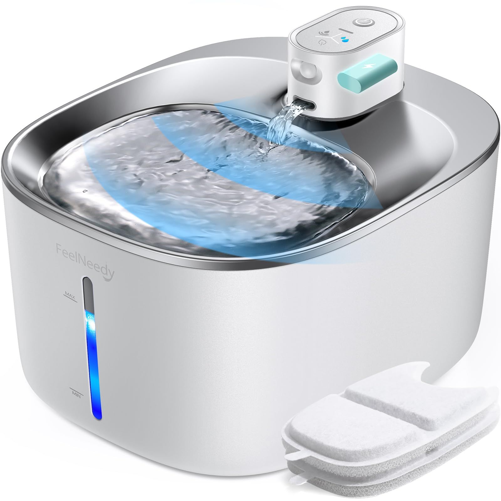 FEELNEEDY 猫 給水器 コードレス 充電式 4L 活性炭フィルター2枚付 スマートペット用循環式自動給水器 センサー 動作検知 3つの給水モード 5重濾過 ワイヤレスポンプ ステンレス製 犬 猫 水飲み器 大容量 静音 LEDライト付き 2WAY給…