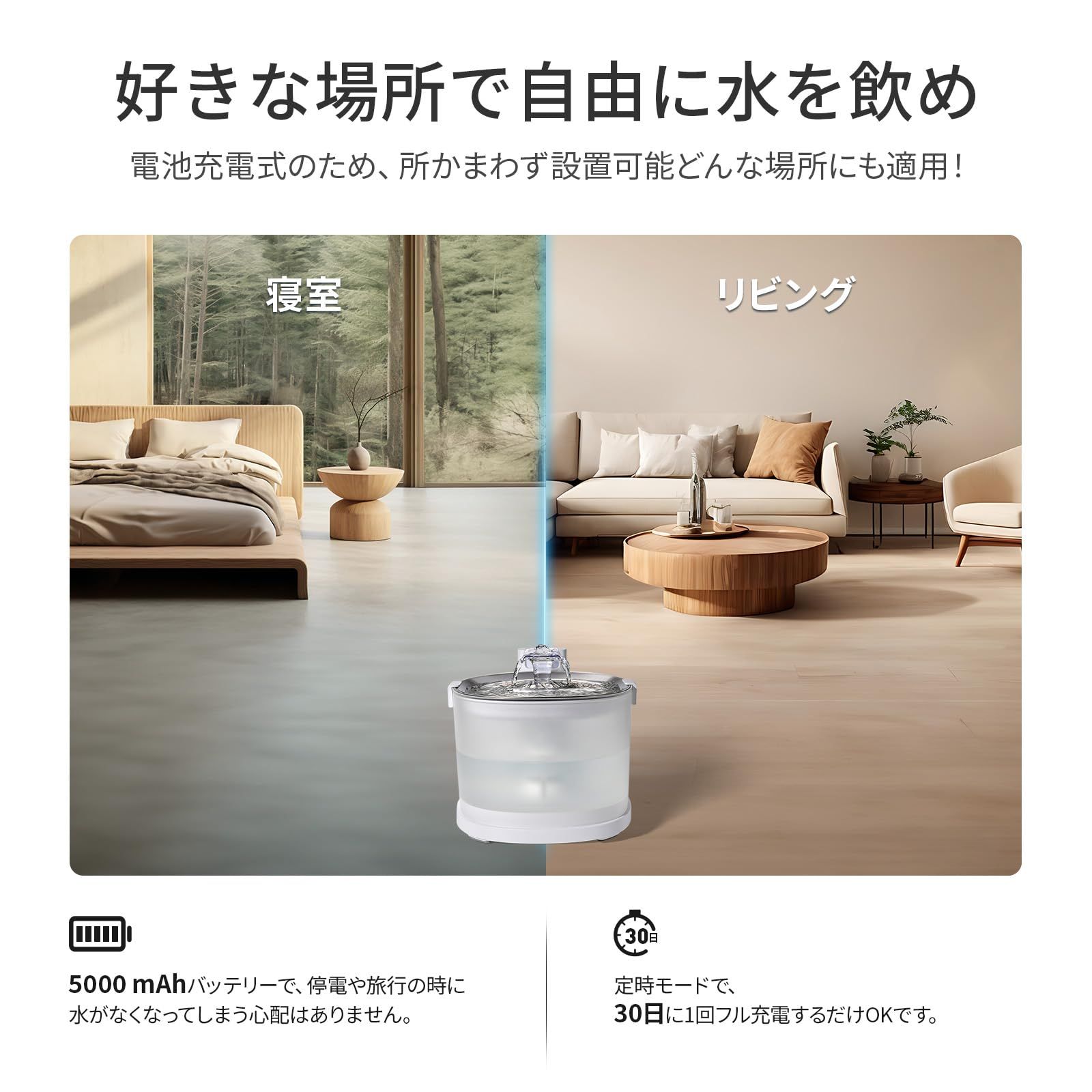 Cheerble 猫自動給水器 水飲み器 ポンプレス磁力給水 コードレス 100