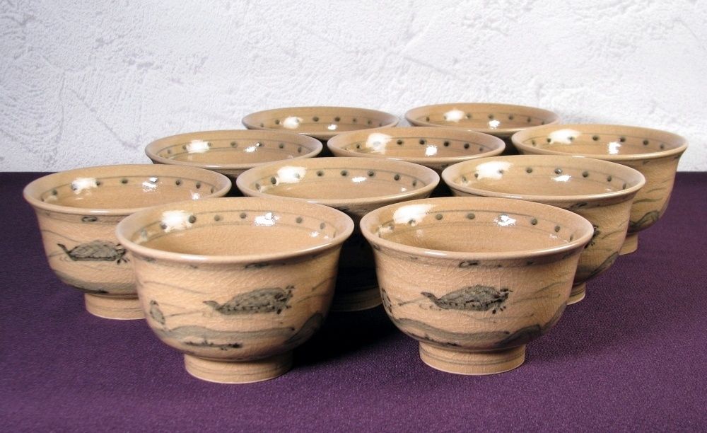 加藤栄山造 安南写曳舟図数茶碗10客 幅：12.3cm 美品 共箱 茶道具