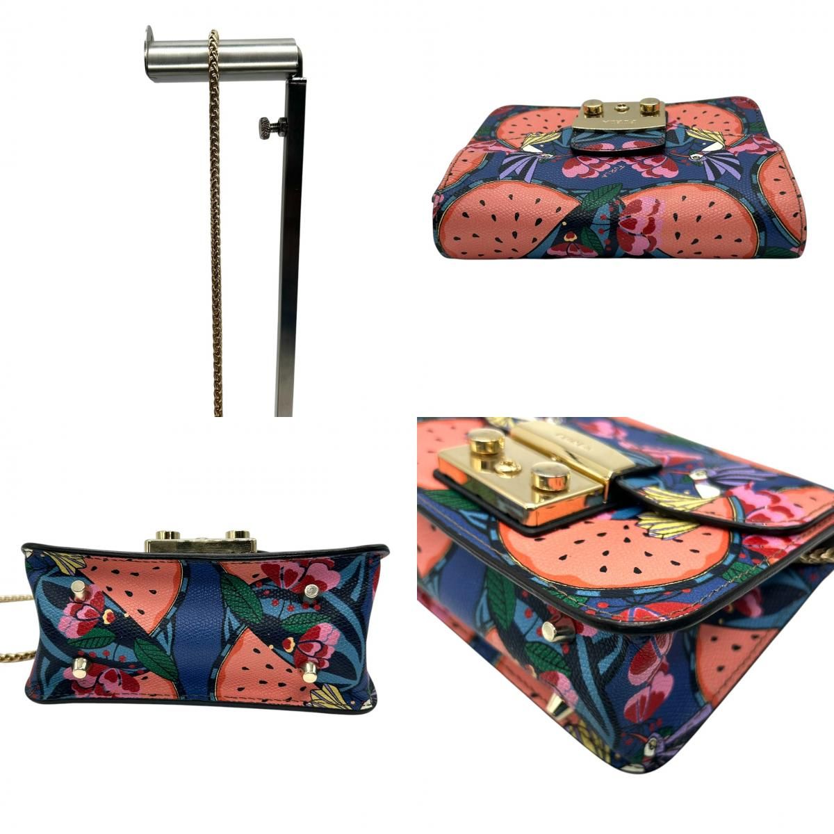 美品 FURLA メトロポリス ポンポン ショルダーバッグ 花柄 マルチカラー 美品】フルラ メトロポリス チェーンショルダーバッグ PVC 総柄 スイカ