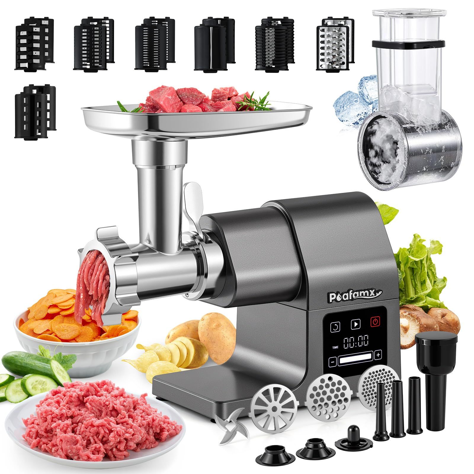 Poafamx 電動ミンサー500 W タッチスクリーン付き 4 7ｍｍ 円盤型ブレード かき氷ブレード付き 野菜スライサー部品5つ付き ポテトカッターブレード付き 直径1 2 cmソーセージノズル ミートローフ用部品付き ミンチ機 ひき肉機