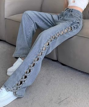 デニムパンツサイドレースアップジーパン