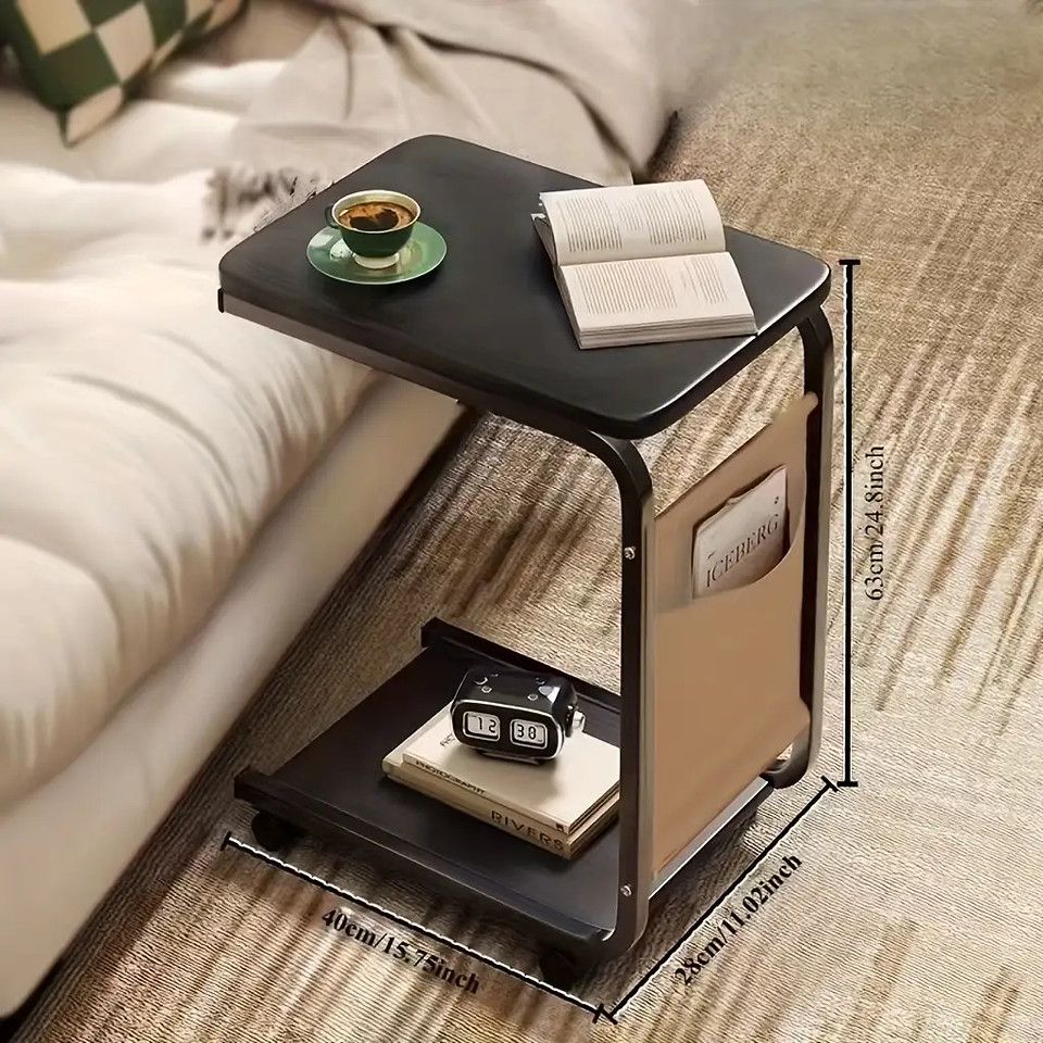 無垢材＆360回転】収納ポケット付き ローリングサイドテーブル ベッド