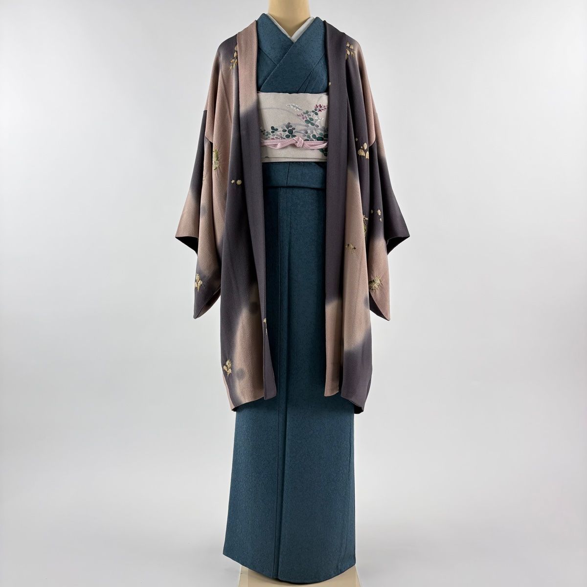 羽織 身丈95 cm 裄丈66 M フクロウ 雪輪 金彩 縮緬 灰紫 正絹