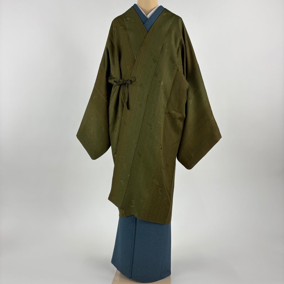 道中着 身丈112 cm 裄丈71 L 和装コート 縦縞 地紋 茶緑色 正絹