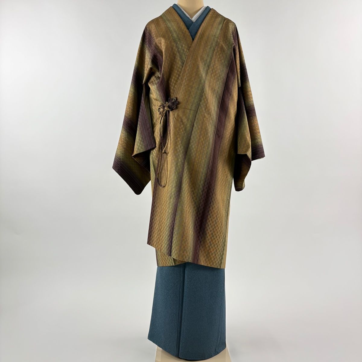 道中着 身丈109 cm 裄丈70 L 和装コート 縦縞 地紋 山吹茶色 正絹