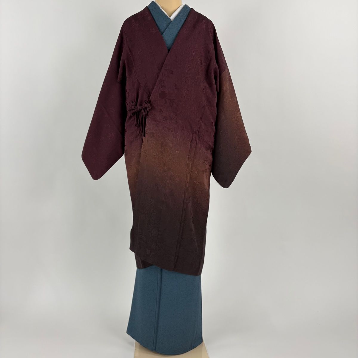 道中着 身丈107 5 cm 裄丈63 S 和装コート リバーシブル 花唐草 ぼかし 茶紫 正絹