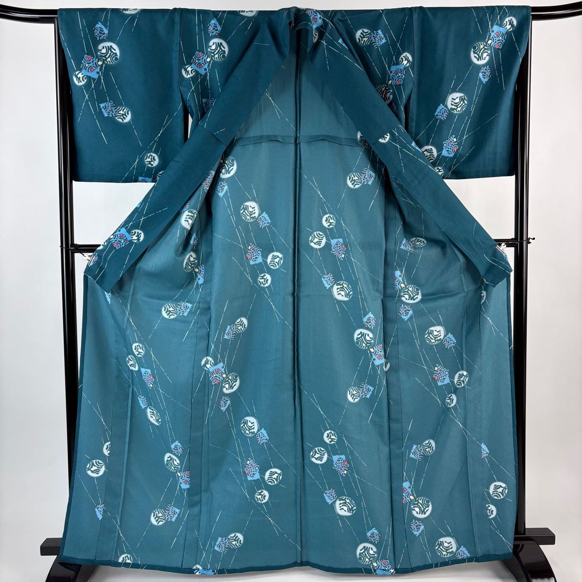 小紋 身丈165.5cm 裄丈66cm M 単衣 洗える着物 幾何学 青緑 化繊 優品