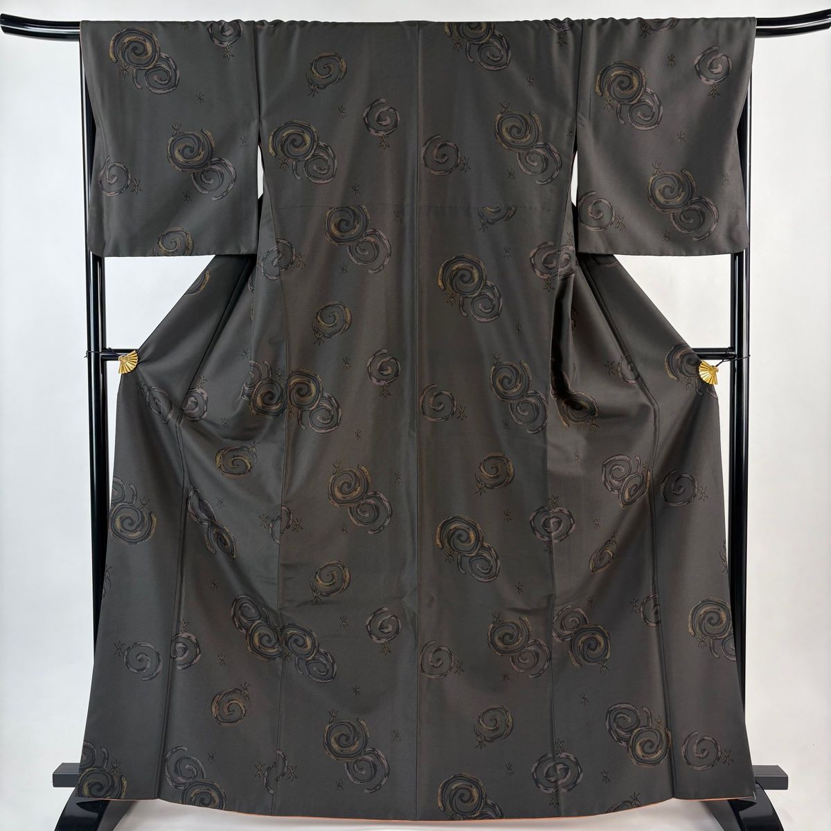 小紋 身丈165.5cm 裄丈67cm M 袷 洗える着物 山本寛斎 渦巻き 花 灰茶