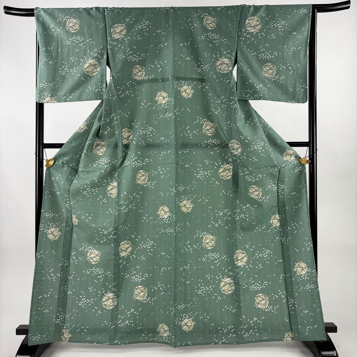 美品】 小紋 身丈166.5cm 裄丈67cm M 単衣 洗える着物 花 葉柄 緑 化繊