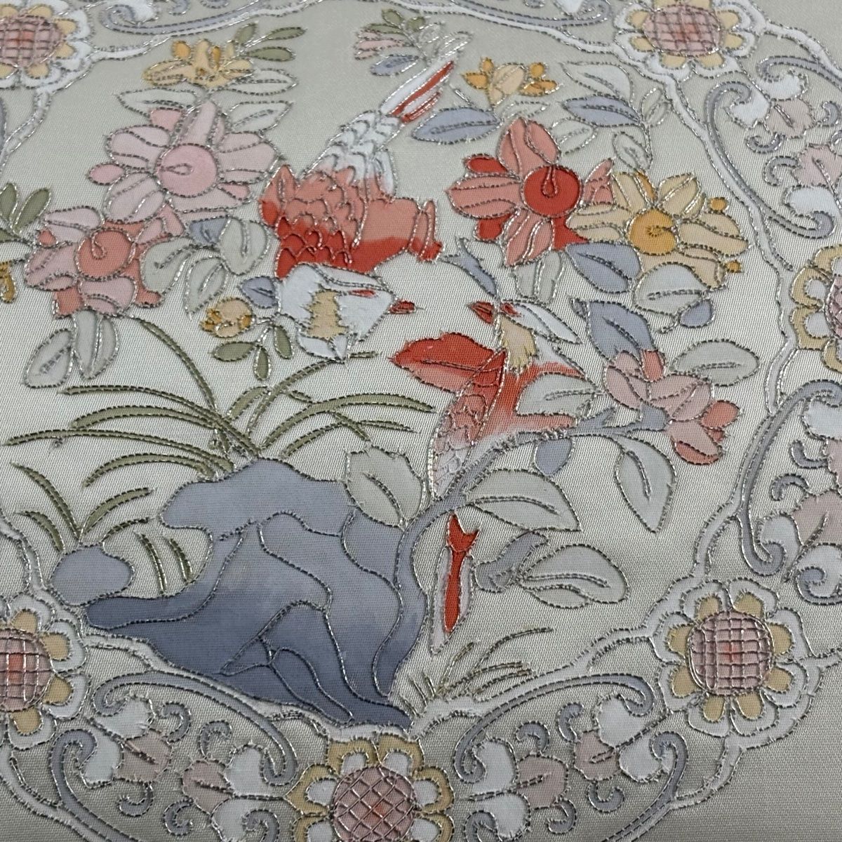 美品★正絹　名古屋帯　花鳥　鳥　花　螺鈿　箔　オフホワイト地に染め　白系　生成り 美品☆正絹 名古屋帯 花鳥 鳥 花 螺鈿 箔 オフホワイト地に染め