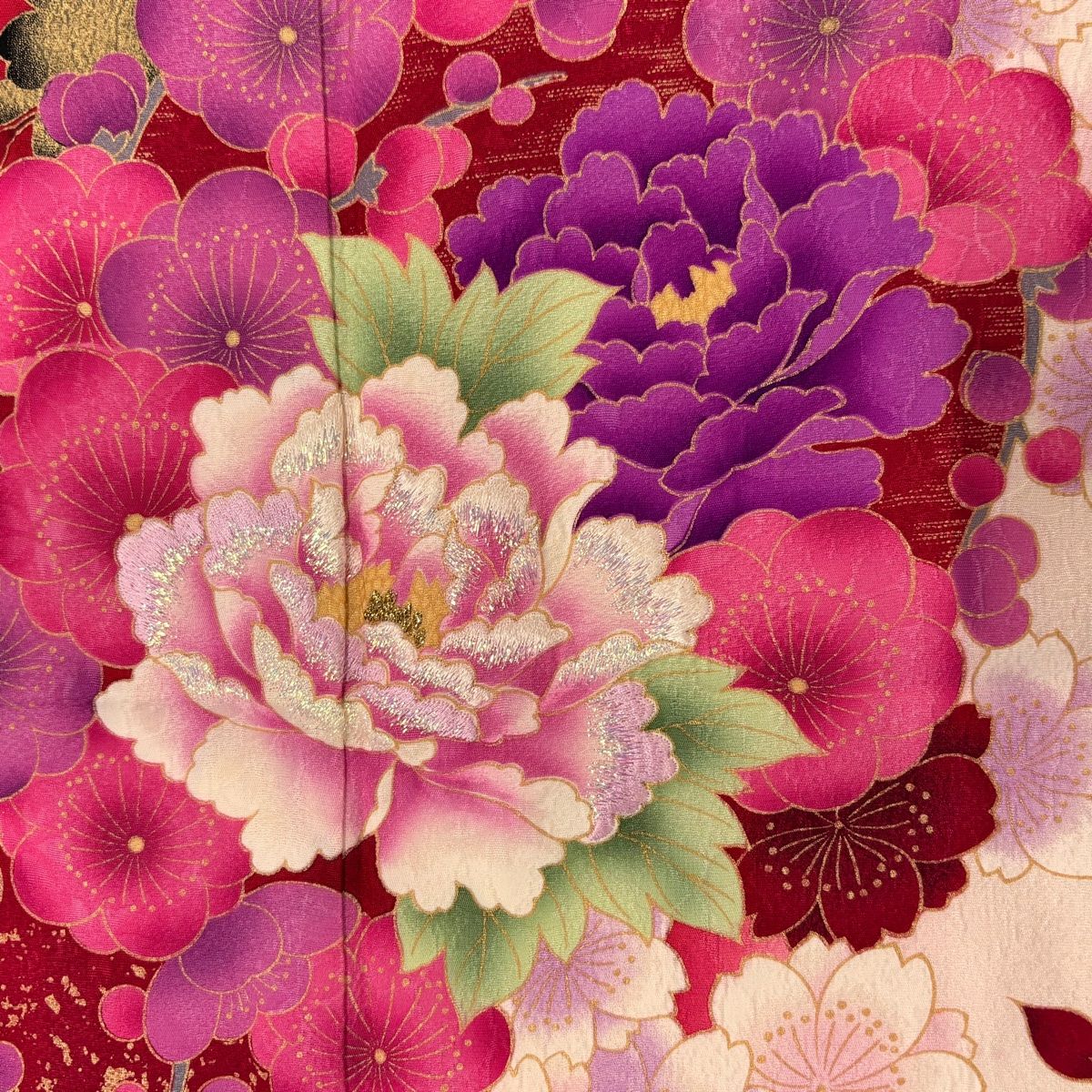 美品】 振袖 身丈158cm 裄丈63cm S 袷 牡丹 梅 箔 金彩 薄ピンク 正絹