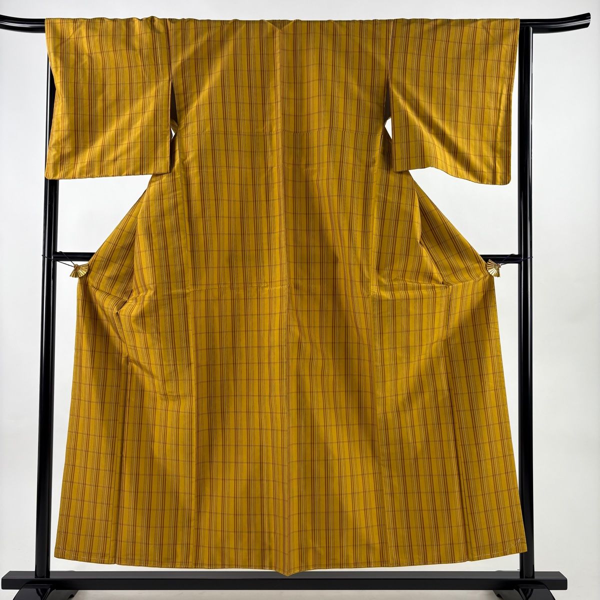 紬 身丈155 cm 裄丈66 M 袷 格子 山吹茶色 正絹