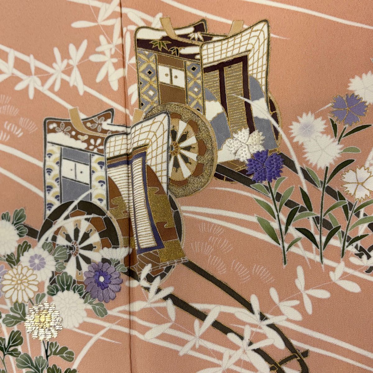 訪問着 身丈155cm 裄丈64.5cm M 袷 落款 御所車 草花 箔 金彩 ショップ