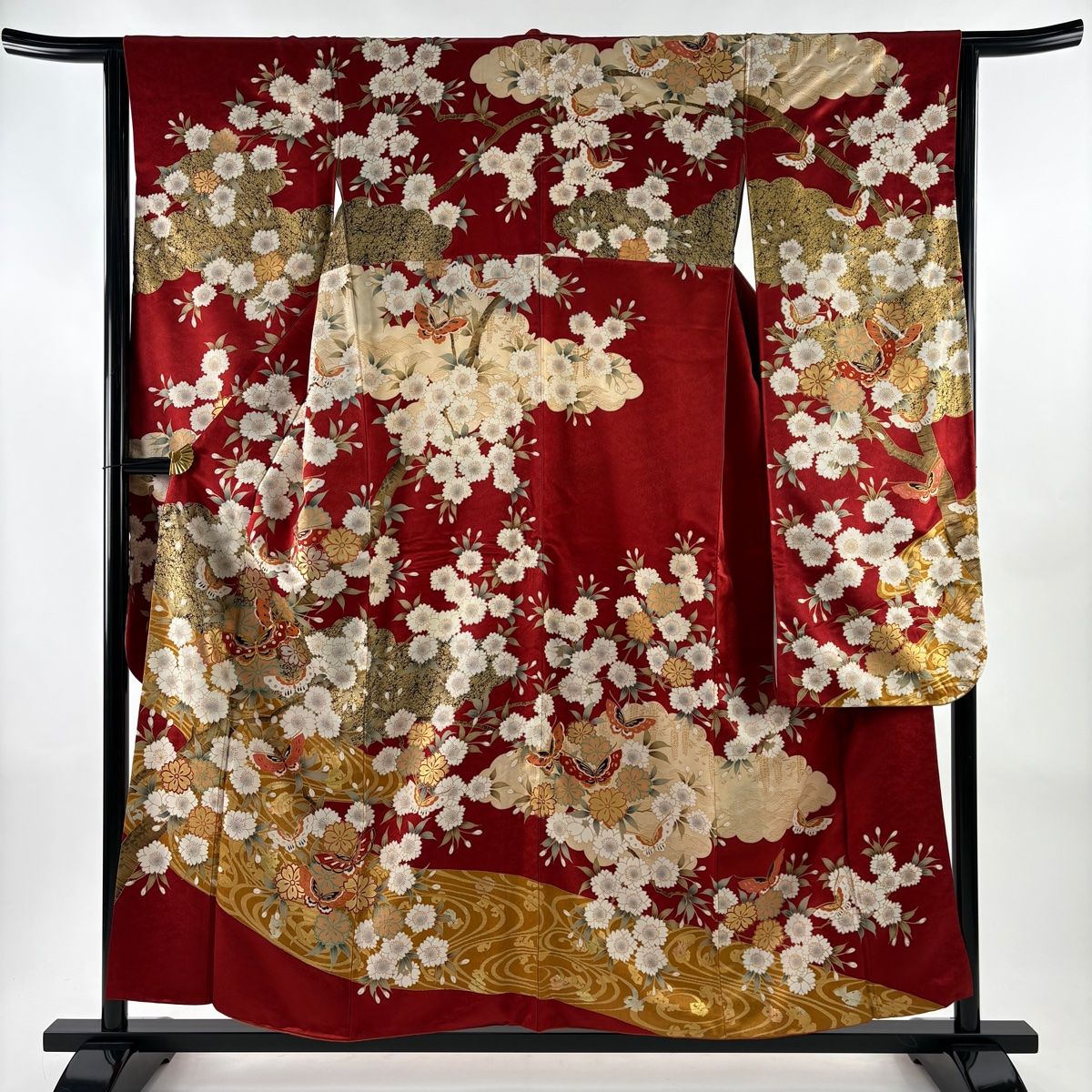 振袖 身丈157cm 裄丈63.5cm S 袷 桜 蝶 金糸 金彩 赤 正絹 名品 【】
