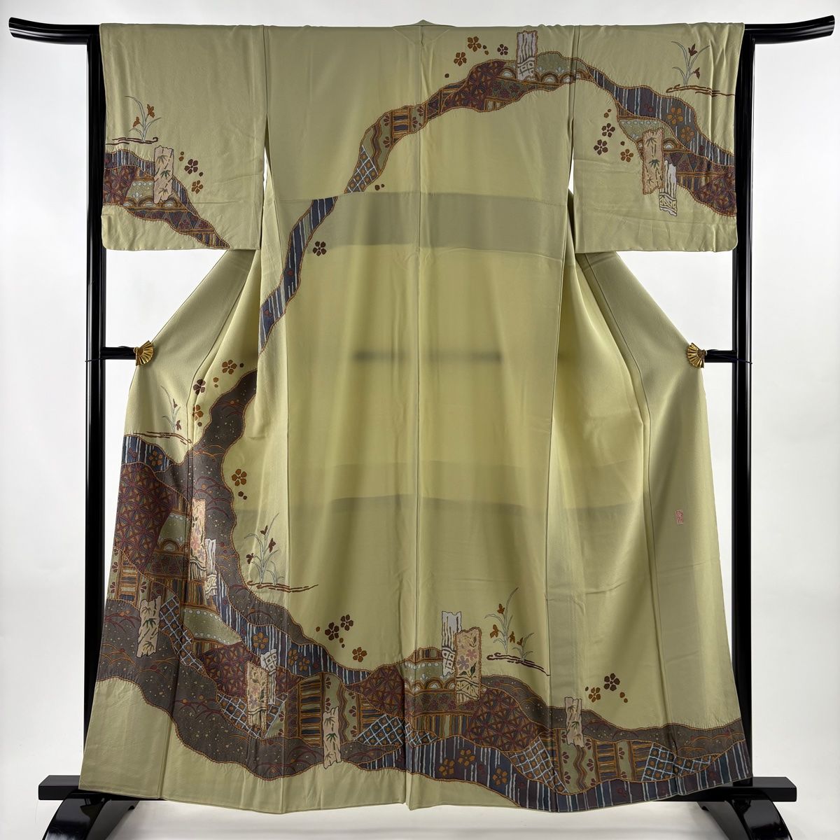 訪問着 身丈159cm 裄丈65.5cm M 袷 翠山工房 落款 草花 露芝 金彩 抹茶