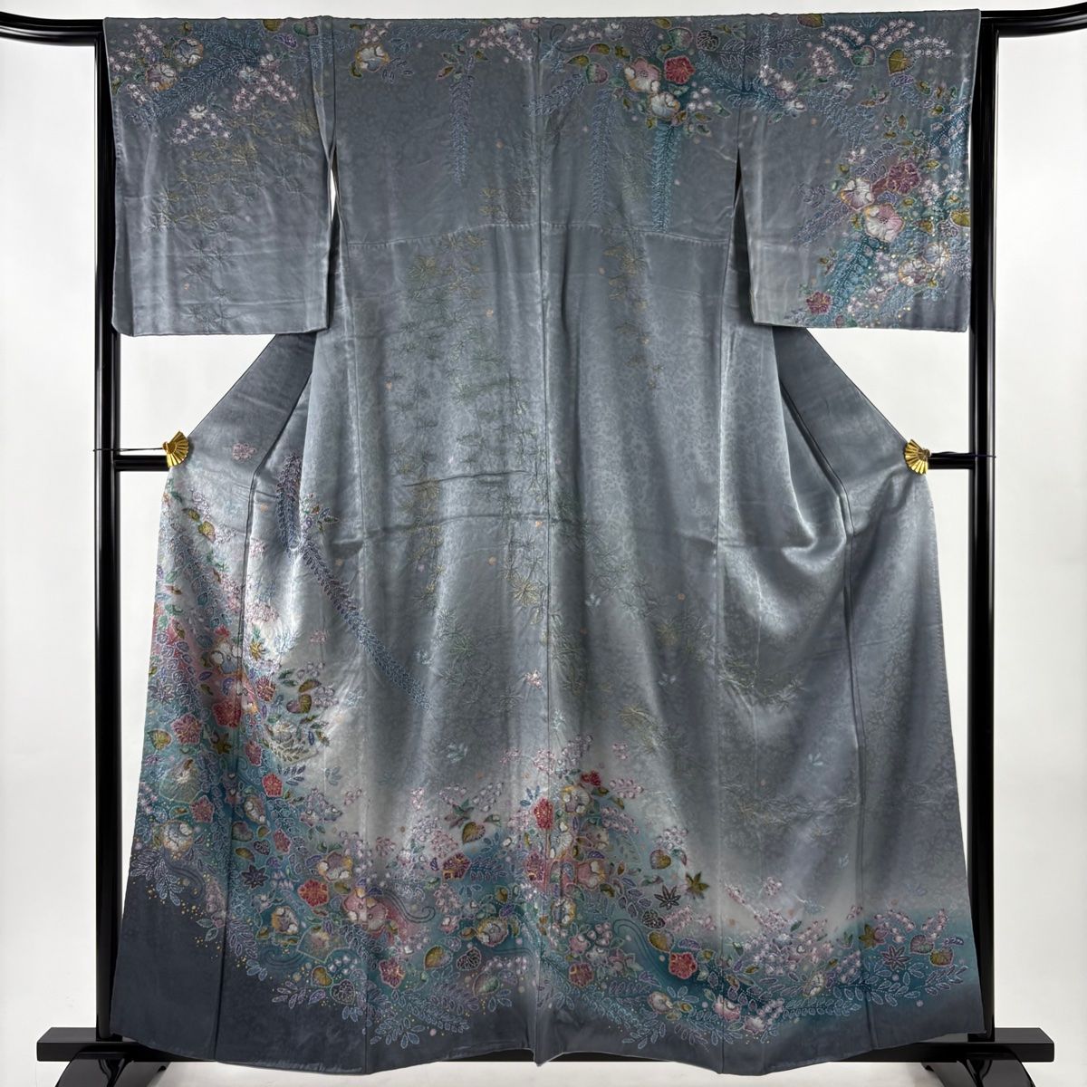 420 訪問着フルセット 正絹 灰青 ブルーグレー 辻が花 たたき染め 金彩 420 訪問着フルセット 正絹 灰青 ブルーグレー 辻が花 たたき染め 金彩