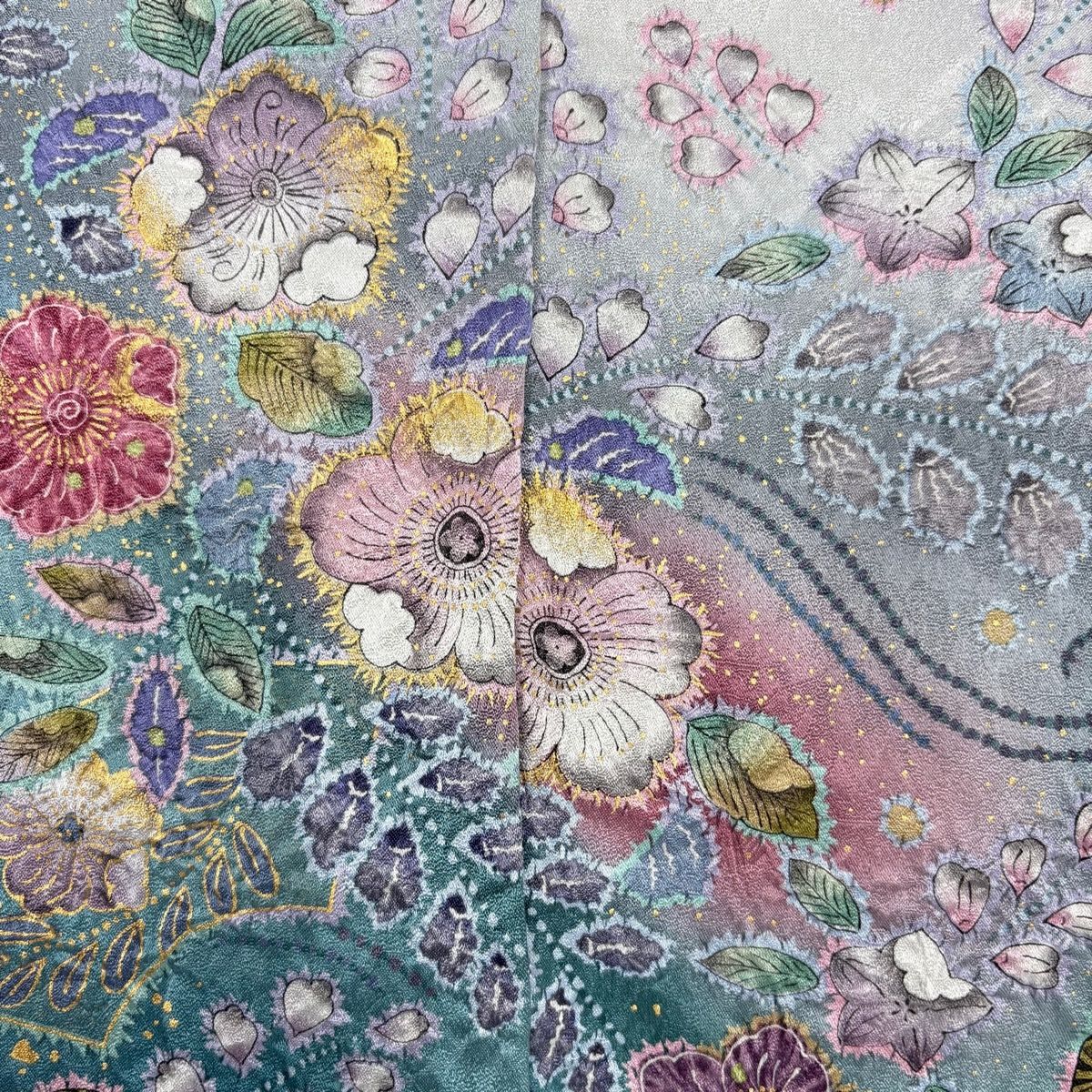 訪問着 身丈159cm 裄丈64.5cm M 袷 扇面 辻が花柄 金彩 ぼかし 青灰色