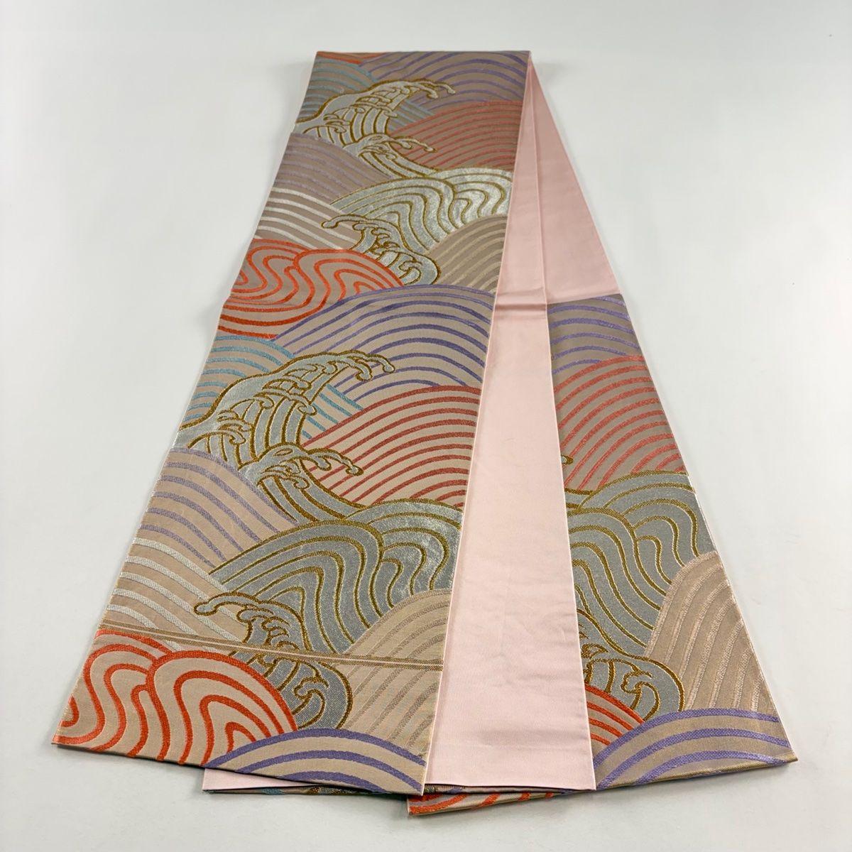 袋帯 名品 川島織物 落款 波頭 金銀糸 薄茶色 六通 正絹 【中古