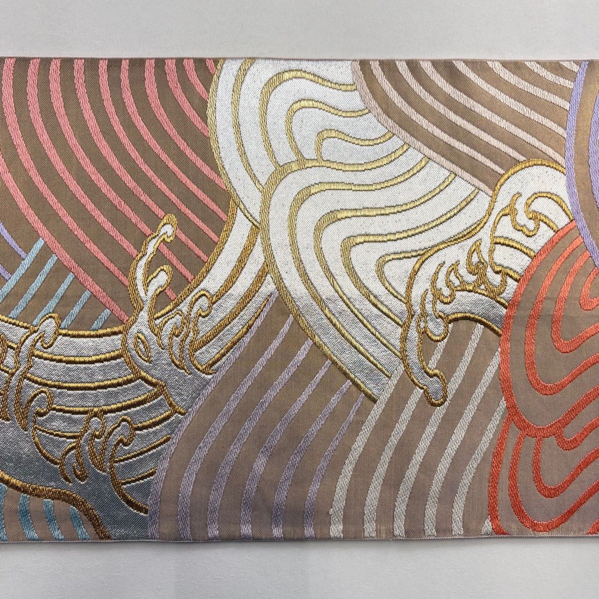 袋帯 名品 川島織物 落款 波頭 金銀糸 薄茶色 六通 正絹 【中古