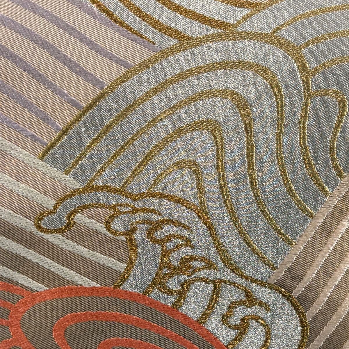 袋帯 名品 川島織物 落款 波頭 金銀糸 薄茶色 六通 正絹 【中古