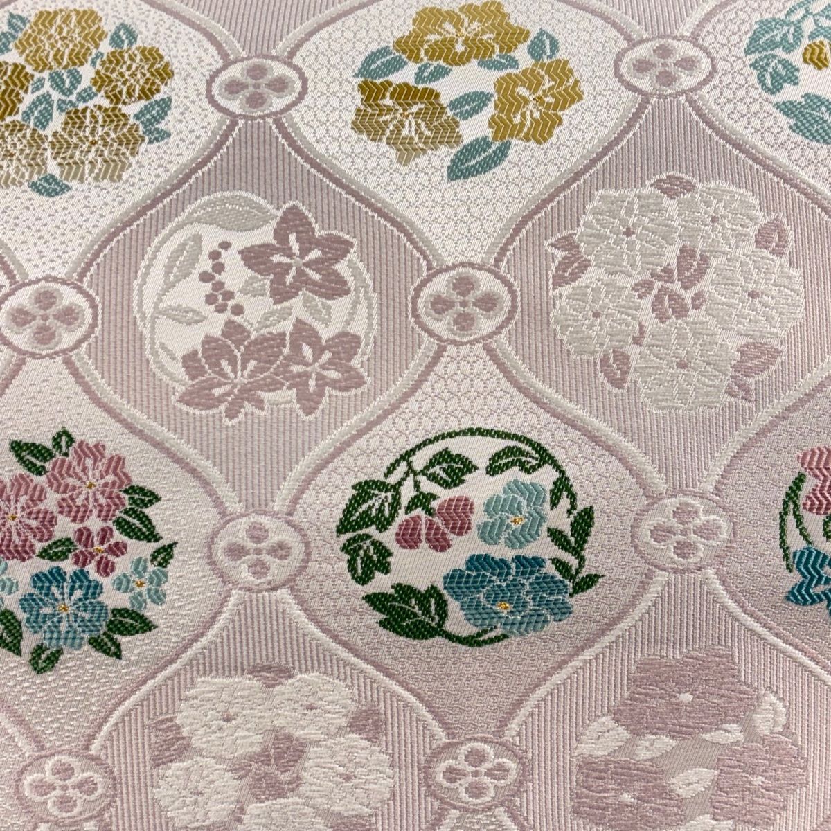 名古屋帯 花丸文 草花 金糸 薄ピンク 正絹