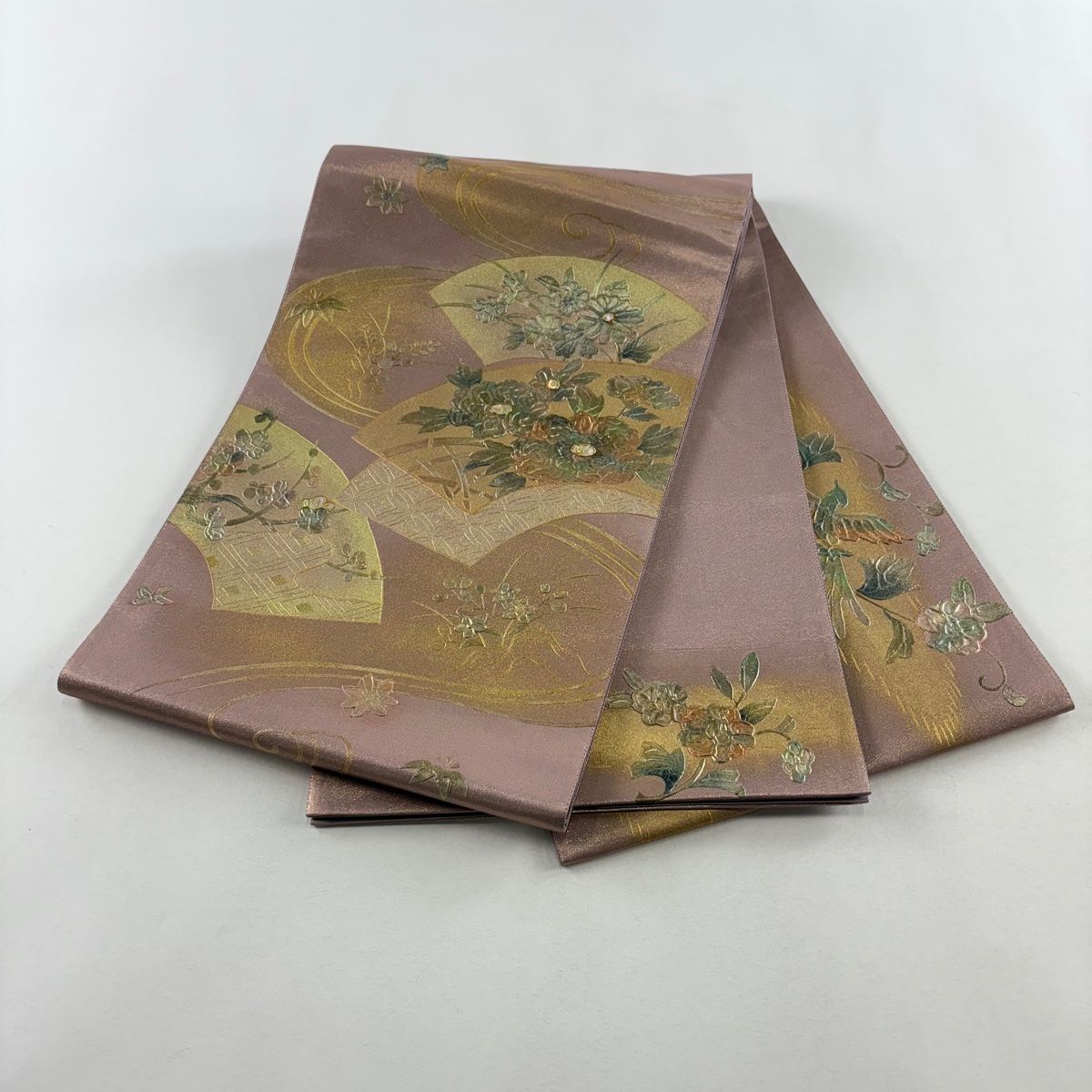 袋帯 名品 扇面 草花 螺鈿 金彩 薄紫 お太鼓柄 正絹 【】 【公式通販】