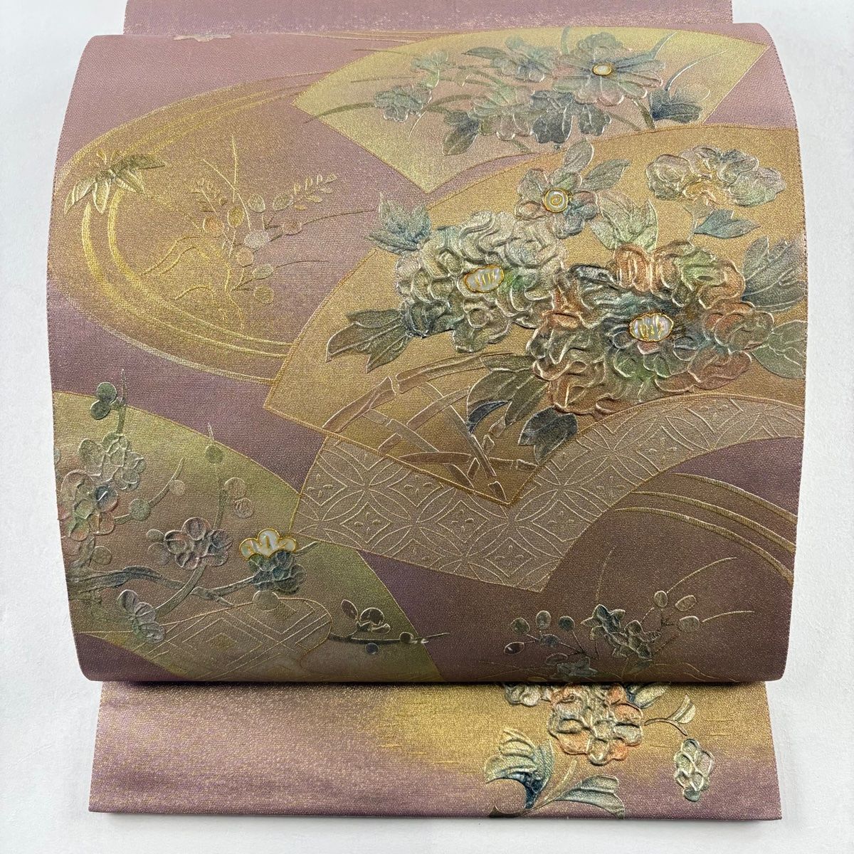 袋帯 名品 扇面 草花 螺鈿 金彩 薄紫 お太鼓柄 正絹 【】 【公式通販】