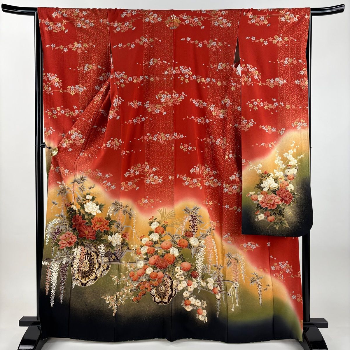 振袖 身丈166cm 裄丈65.5cm M 袷 花車 桜 金彩 ぼかし 朱色 正絹 秀品