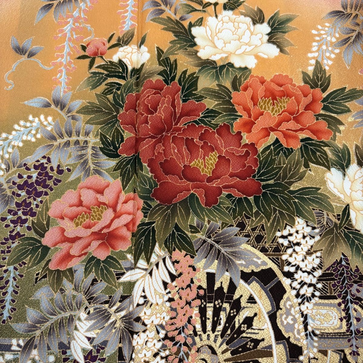 振袖 身丈166cm 裄丈65.5cm M 袷 花車 桜 金彩 ぼかし 朱色 正絹 秀品