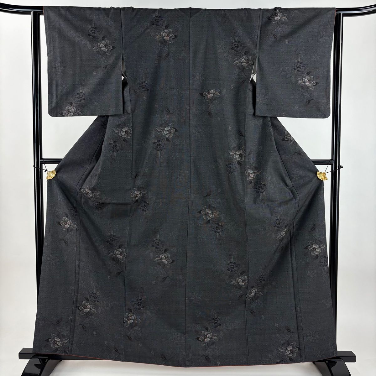 紬 身丈163 cm 裄丈63 S 袷 葉柄 青黒 正絹 秀品