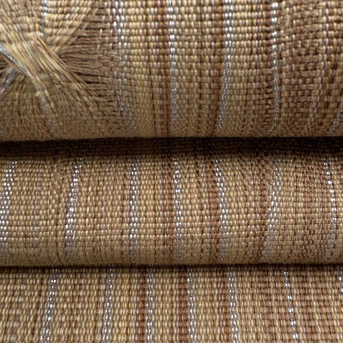 美品】 名古屋帯 秀品 八寸名古屋帯 縞 幾何学 銀糸 薄茶色 正絹