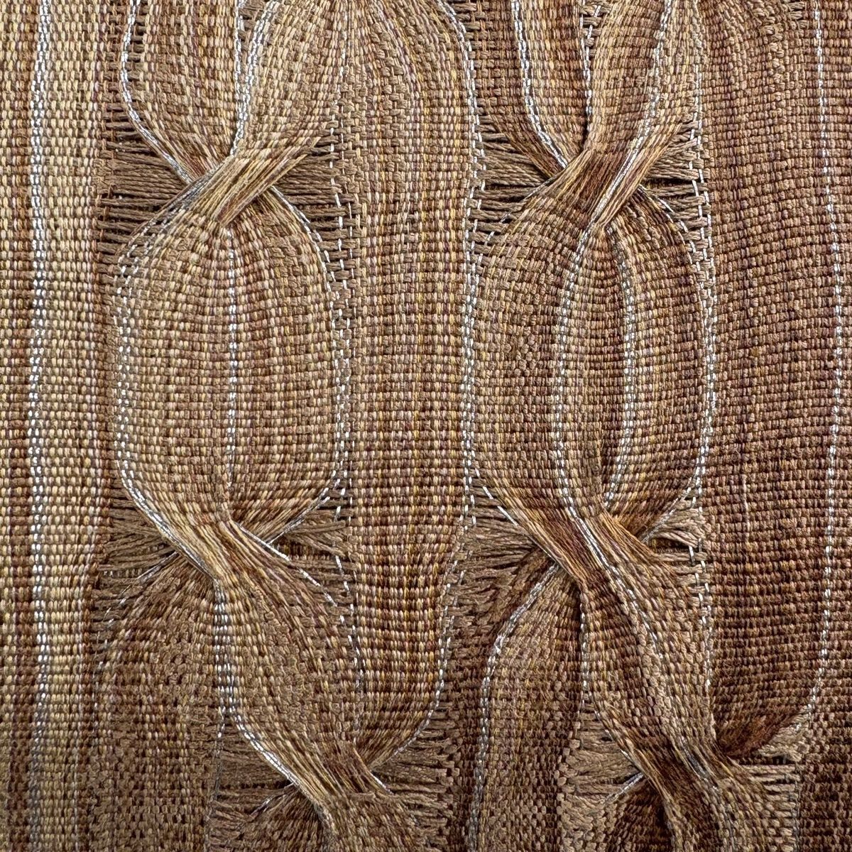 美品】 名古屋帯 秀品 八寸名古屋帯 縞 幾何学 銀糸 薄茶色 正絹