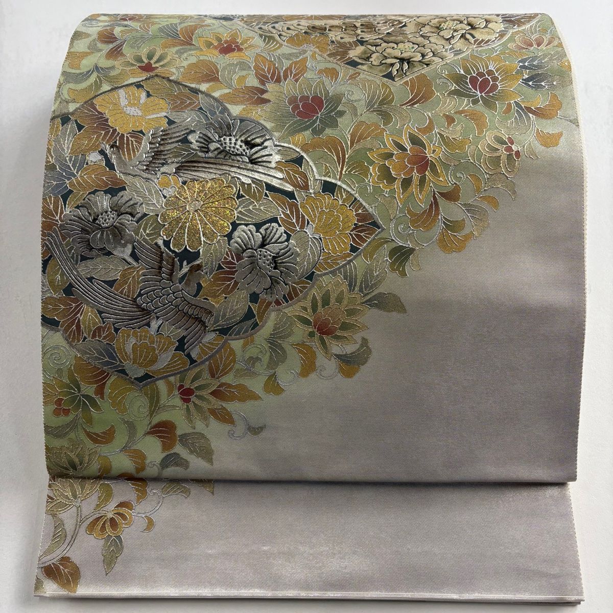 袋帯 秀品 関西仕立て 花鳥 花唐草 金銀彩 箔 灰緑 お太鼓柄 正絹