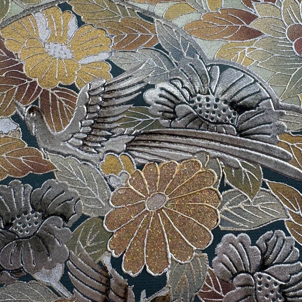 袋帯 秀品 関西仕立て 花鳥 花唐草 金銀彩 箔 灰緑 お太鼓柄 正絹