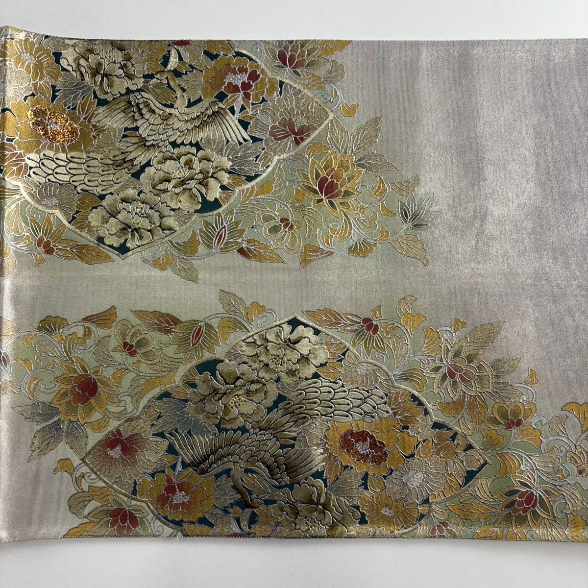袋帯 秀品 関西仕立て 花鳥 花唐草 金銀彩 箔 灰緑 お太鼓柄 正絹