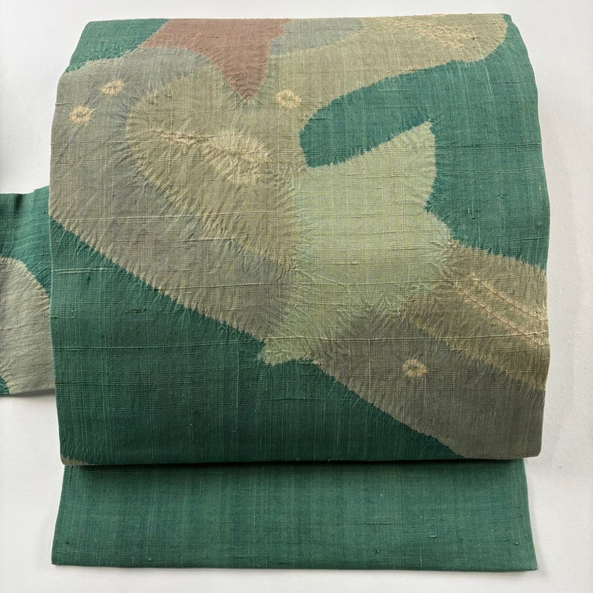 名古屋帯 秀品 紬地 流水 鳥 絞り 緑 正絹