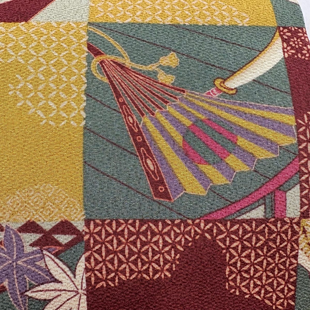 名古屋帯 秀品 市松 器物文 縮緬 黄土色 正絹