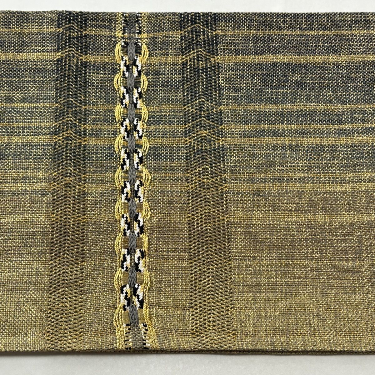 美品】 袋帯 秀品 縞 幾何学模様 金糸 金色 お太鼓柄 正絹 【中古