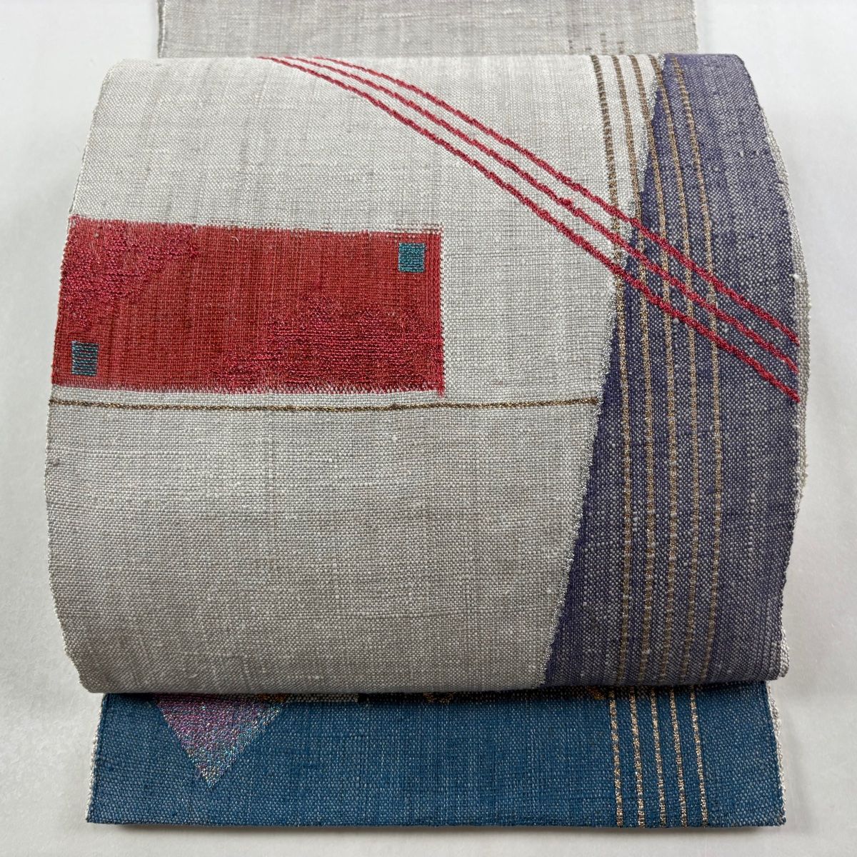 名古屋帯 秀品 トンネル仕立て 縞 幾何学模様 ラメ糸 箔 灰色 正絹