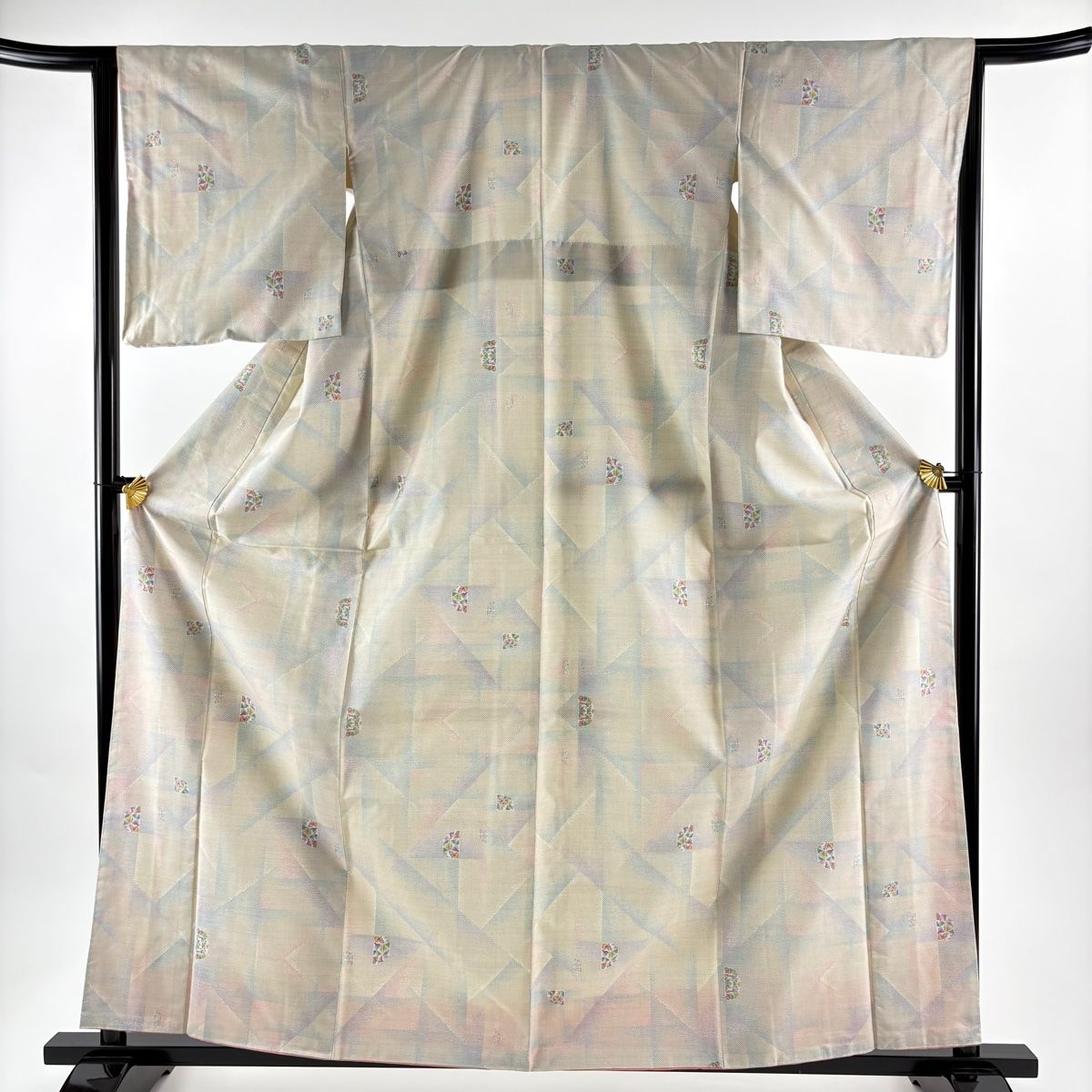 大島紬 身丈161.5 cm 裄丈64.5 M 袷 都喜ヱ門 証紙 幾何学 クリーム 正絹