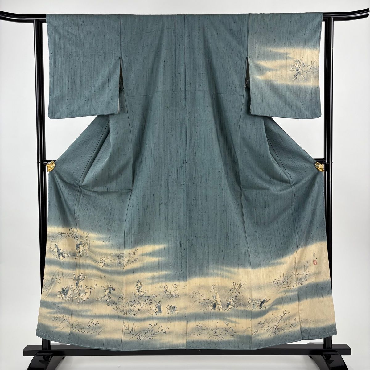 訪問着 身丈159cm 裄丈61.5cm S 袷 紬地 鳥獣戯画 霞 ぼかし 灰緑 正絹