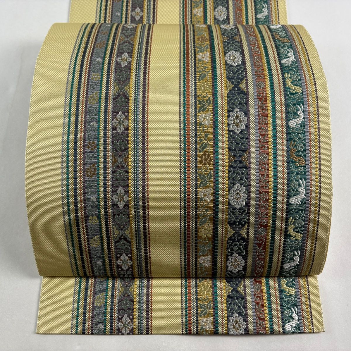 名古屋帯 八寸名古屋帯 松葉仕立て 縞 草花 薄黄 正絹