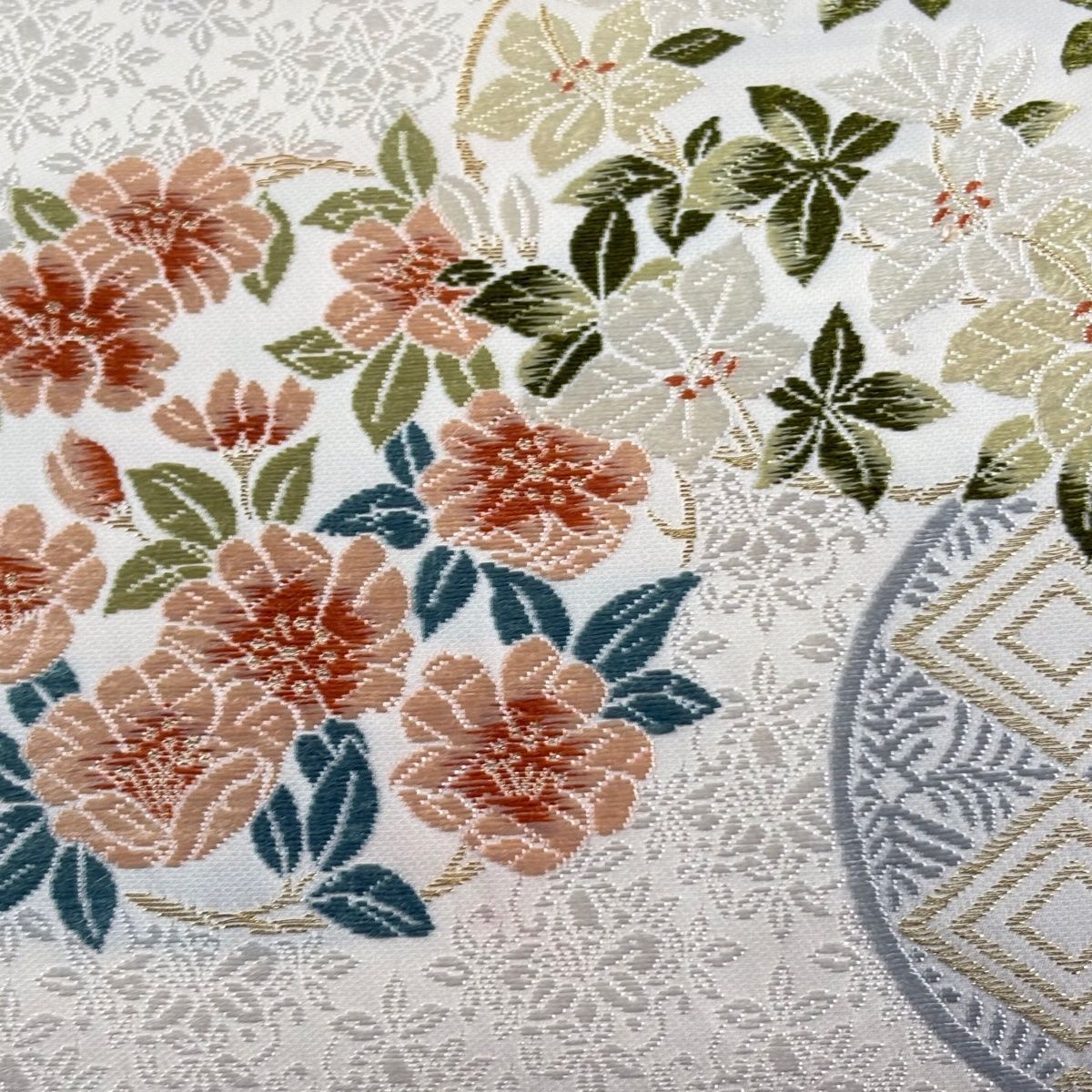 美品】 袋帯 逸品 新小石丸 花丸文 入子菱 御印華唐織 金糸 灰白 六通