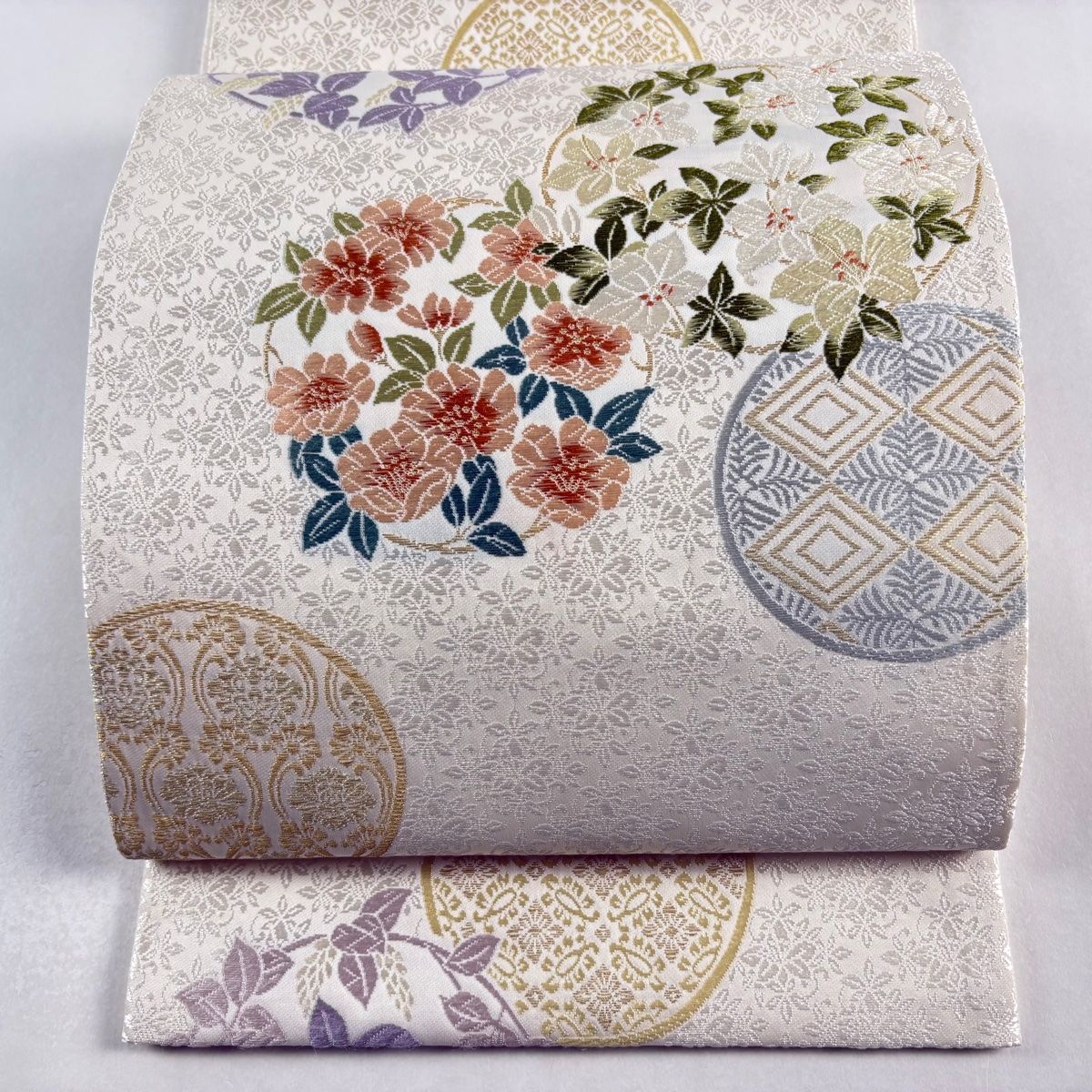 新小石丸 御印華唐織 袋帯 花丸文 証紙 未使用 イ6129 美品】 袋帯 逸品 新小石丸 花丸文 入子菱 御印華唐織 金糸 灰白 六通