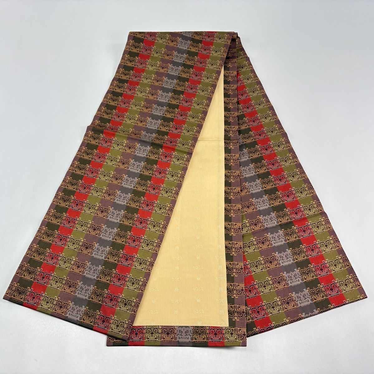 美品】 開き名古屋帯 逸品 龍村美術織物 比翼仕立て 獅噛文長斑錦 紫