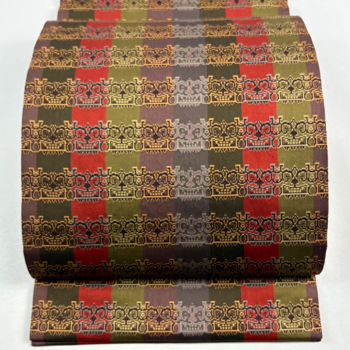 開き名古屋帯 龍村美術織物 比翼仕立て 獅噛文長斑錦 紫 正絹