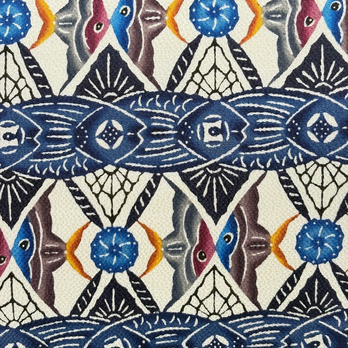 開き名古屋帯 城間栄順 落款 魚 幾何学模様 紺色 正絹